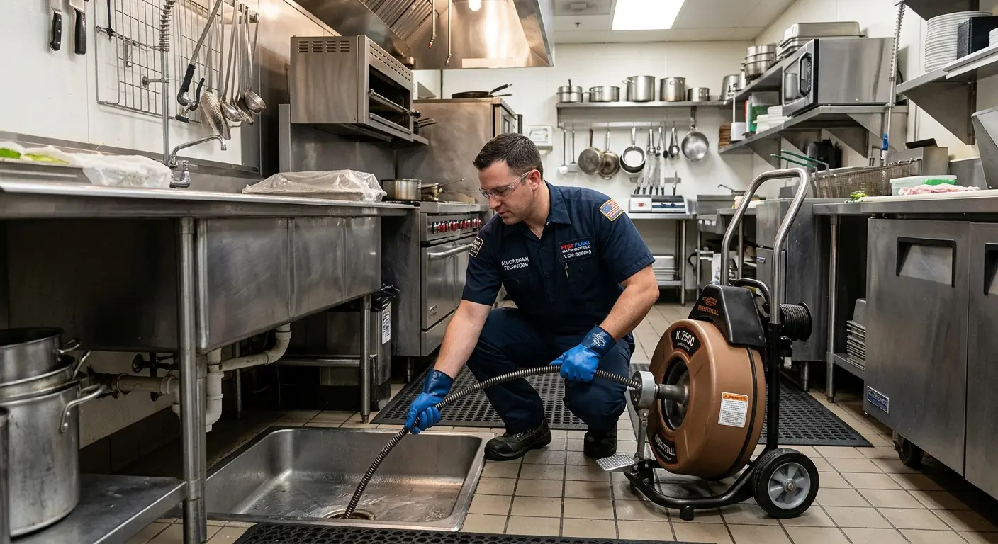 Commercial drain cleaning service in a restaurant kitchen in Upper Leacock