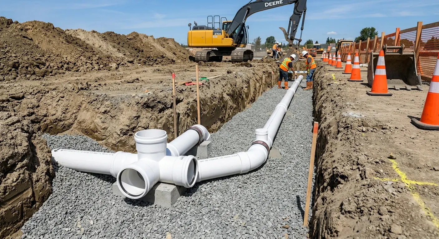 New PVC sewer pipe installation in open trench for Commercial Drain Cleaning in Upper Leacock