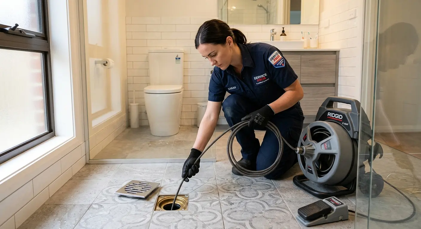 Technician clearing a bathroom floor drain for Drain Cleaning in Upper Leacock